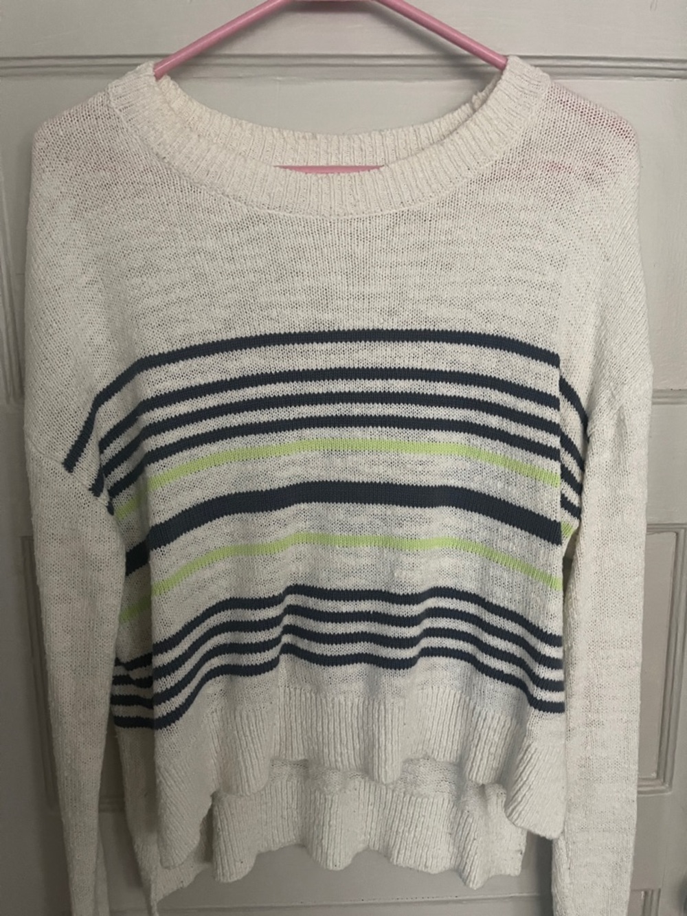 Crewneck Striped Sweater in White with Navy & Lime Accents